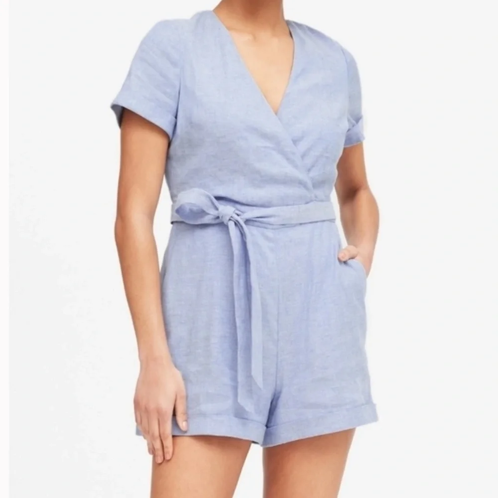 Banana Republic Light Blue Linen Wrap Romper
